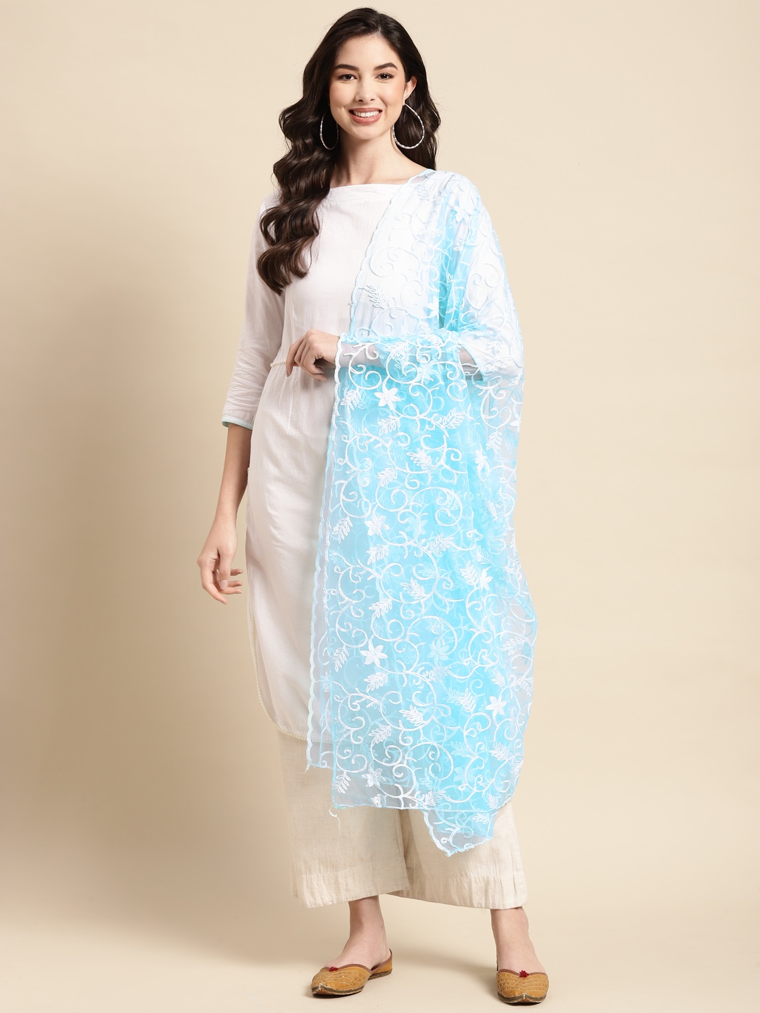 

Saadgi Blue Ethnic Motifs Embroidered Dupatta with Chikankari