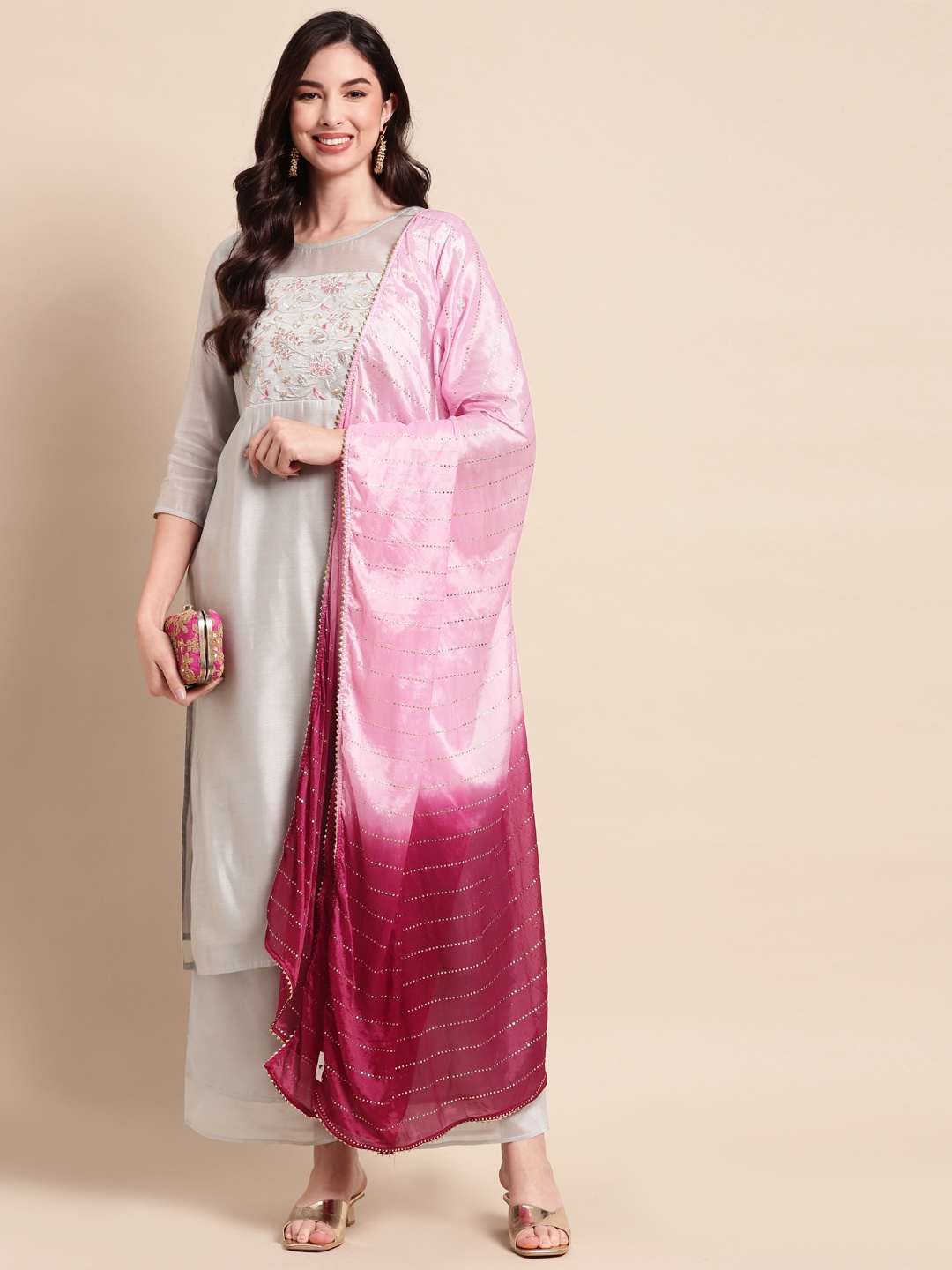 

Saadgi Pink & Golden Striped Gotta Patti Ombre Dupatta with Mukaish