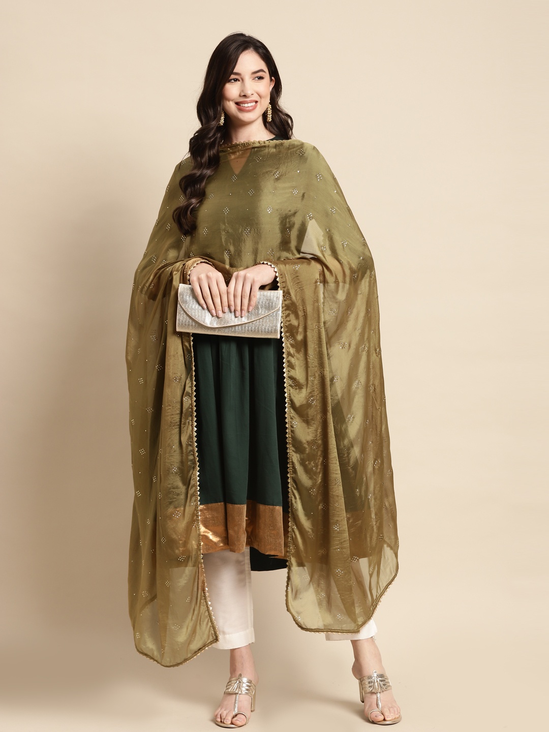 

Saadgi Olive Green & Golden Mukaish Handwork Dupatta With Gotta Patti