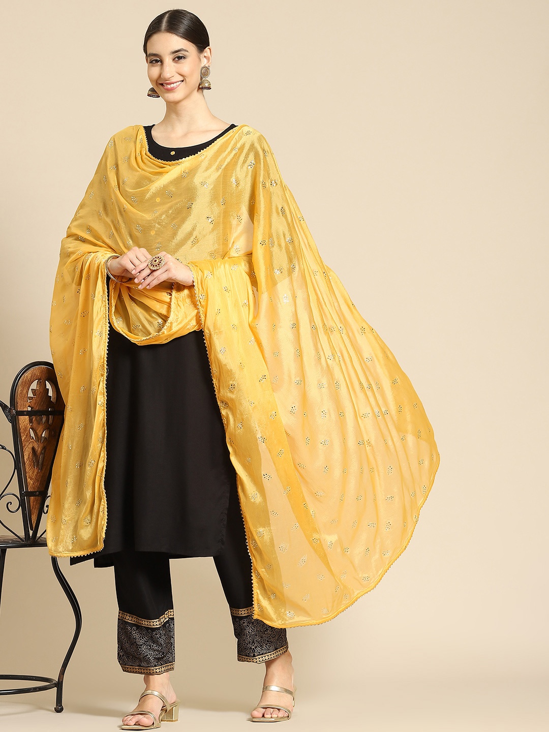 Saadgi Yellow & Gold-Toned Ethnic Motifs Printed Dupatta with Mukaish