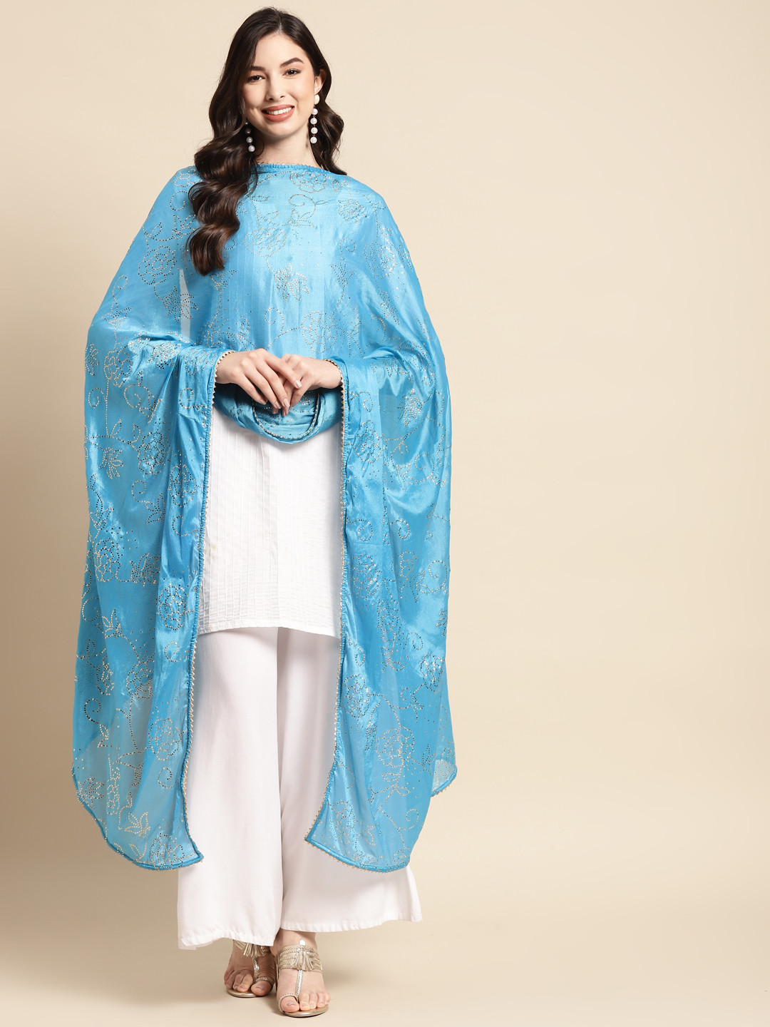 

Saadgi Turquoise Blue & Golden Ethnic Motifs Gotta Patti Dupatta with Mukaish
