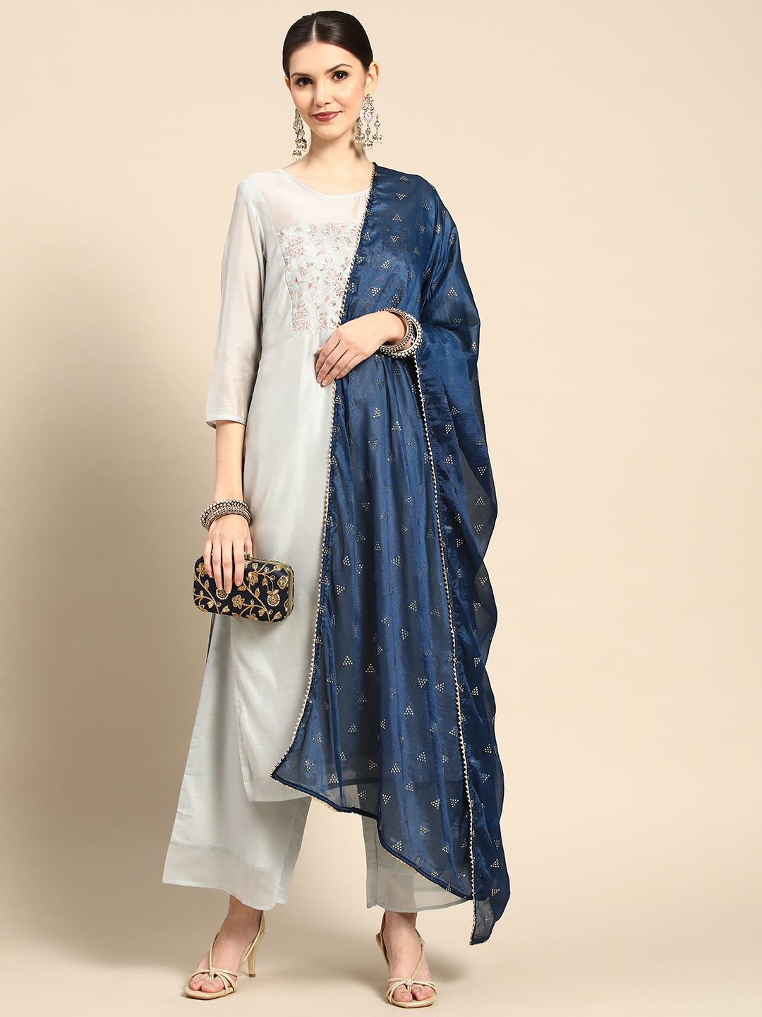 

Saadgi Teal Blue & Golden Geometric Mukaish Work Gotta Patti Dupatta