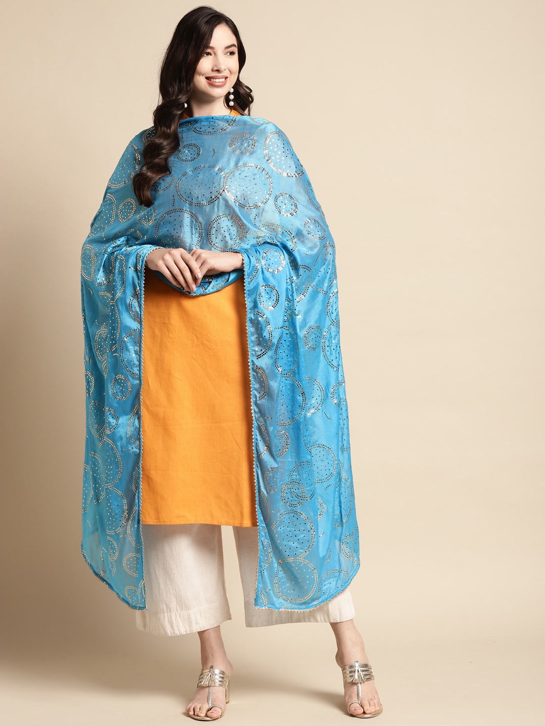 

Saadgi Turquoise Blue & Golden Ethnic Motifs Gotta Patti Dupatta with Mukaish
