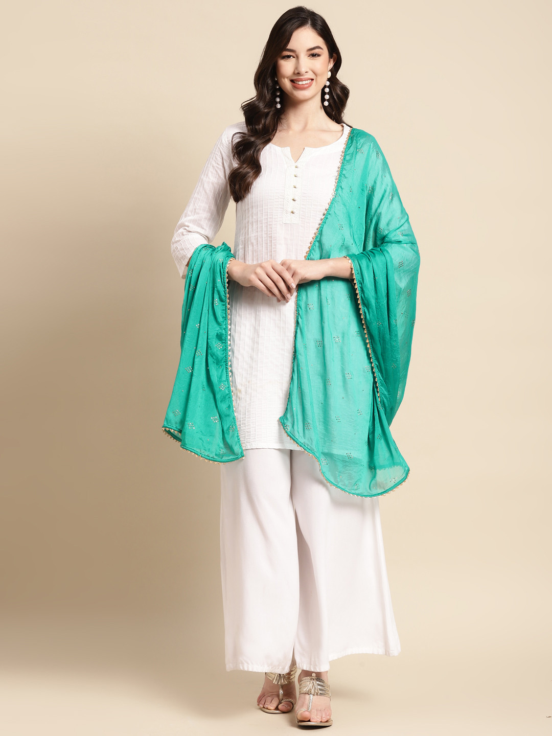 

Saadgi Sea Green & Golden Mukaish Handwork Dupatta With Gotta Patti