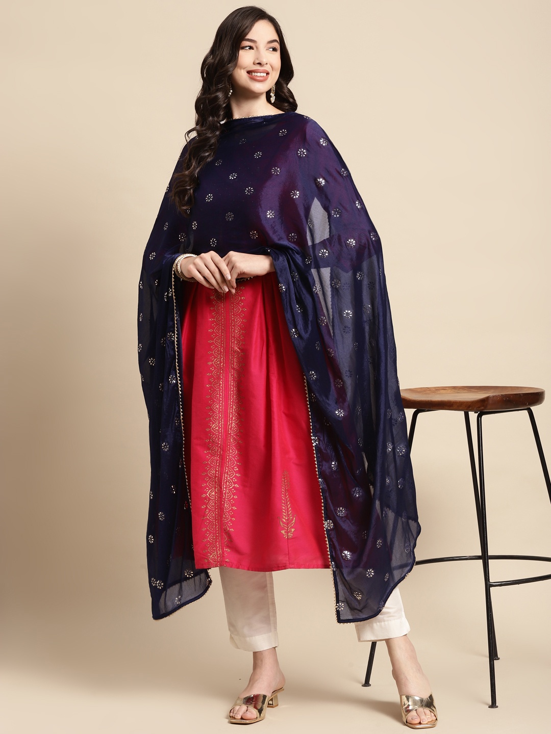 

Saadgi Navy Blue & Golden Ethnic Motifs Gotta Patti Dupatta with Mukaish