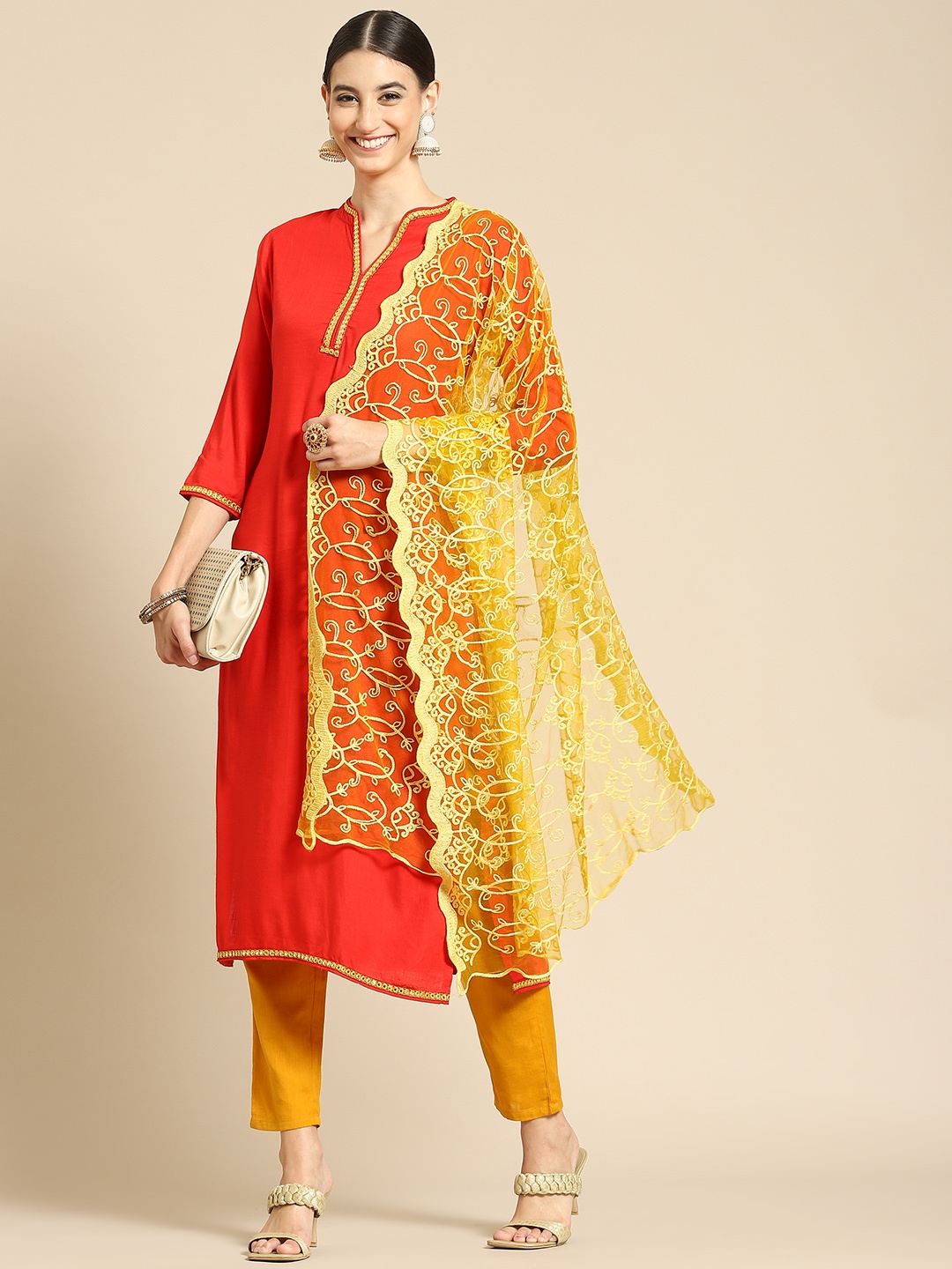 

Saadgi Mustard Yellow Ethnic Motifs Embroidered Dupatta with Chikankari