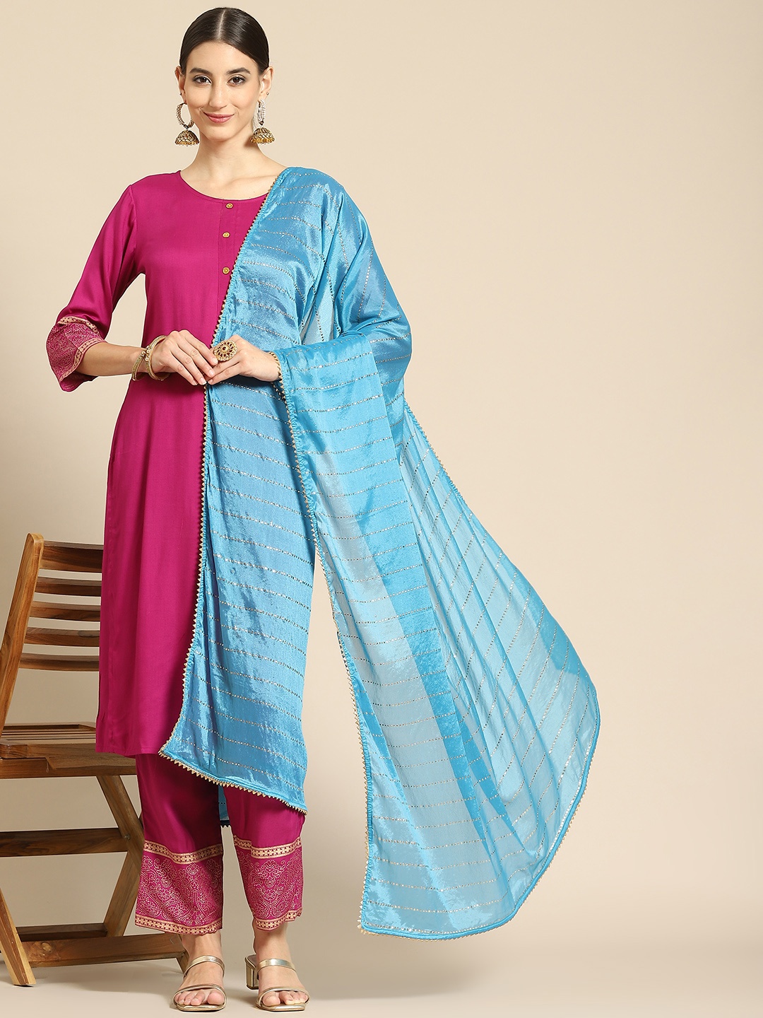 

Saadgi Blue & Gold-Toned Ethnic Motifs Dyed Dupatta with Mukaish