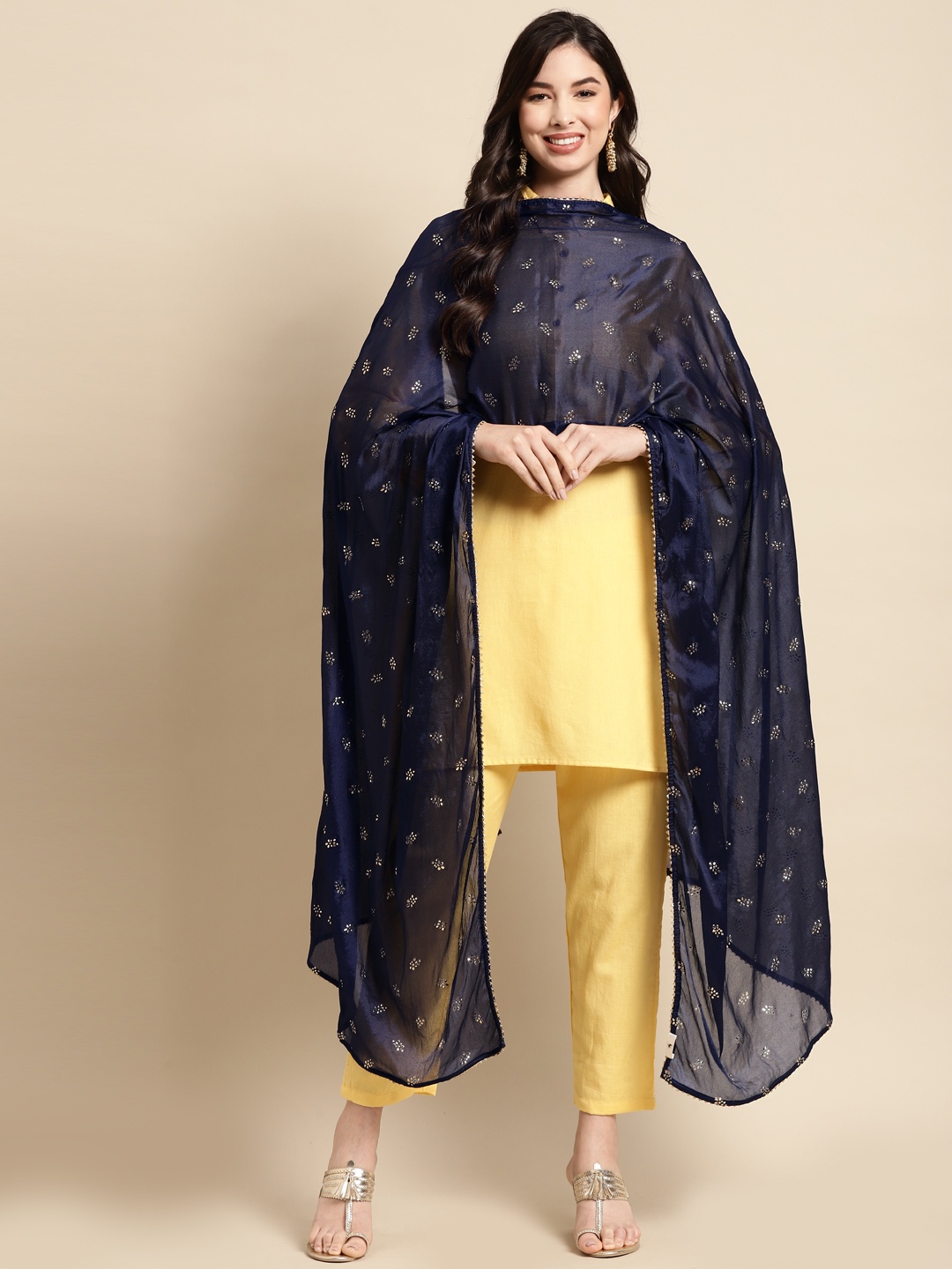 

Saadgi Navy Blue & Golden Ethnic Motifs Gotta Patti Dupatta with Mukaish