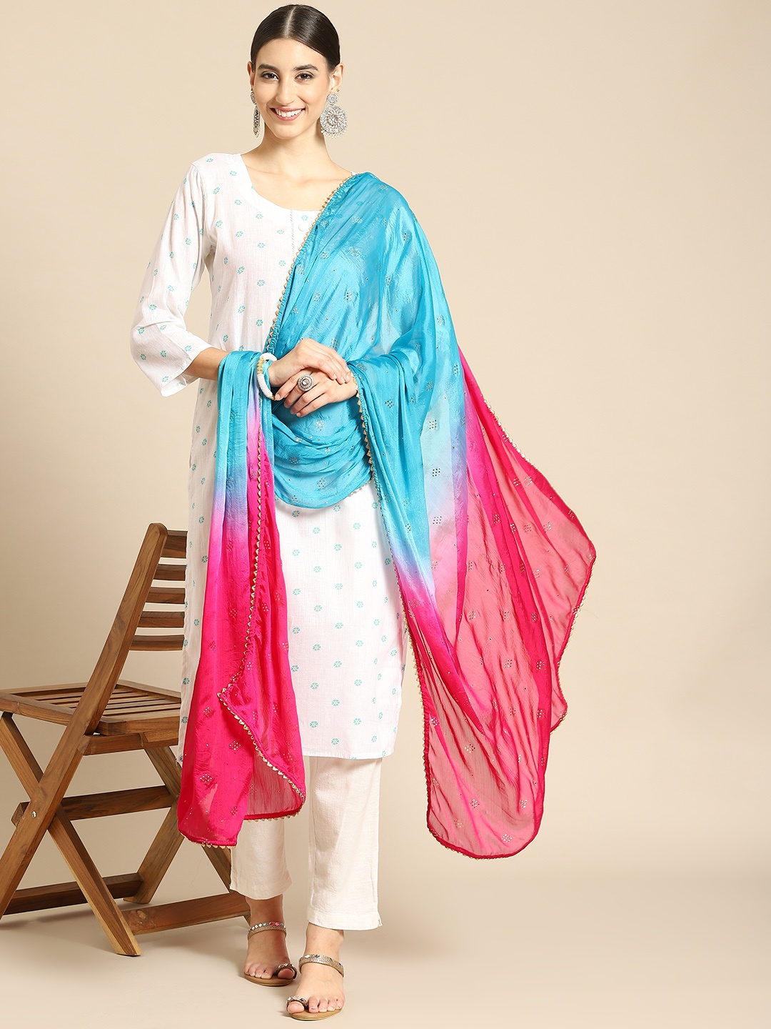 

Saadgi Blue & Pink Mukaish Hand Work Gotta Patti Ombre Dupatta