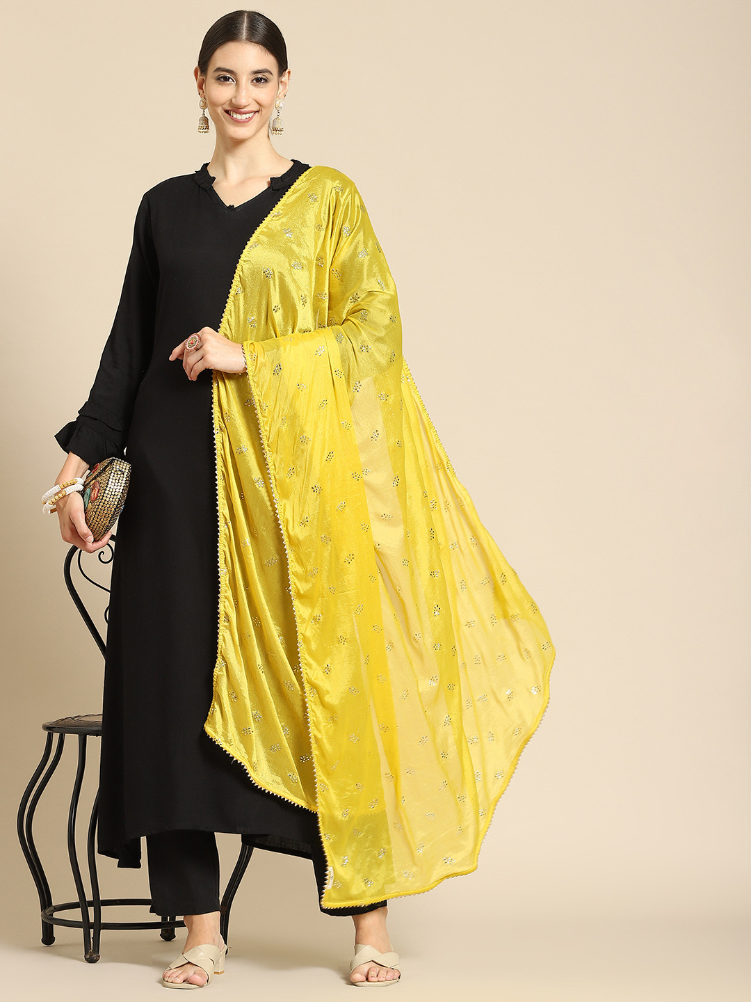 

Saadgi Mustard & Gold-Toned Ethnic Motifs Embroidered Dupatta with Mukaish
