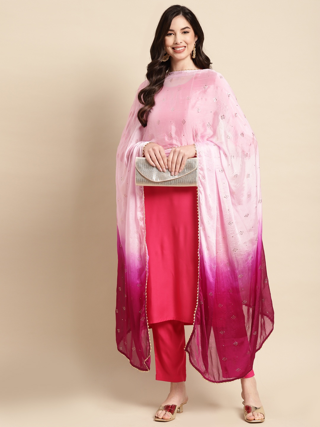 

Saadgi Pink & Golden Mukaish Handwork Dupatta With Gotta Patti