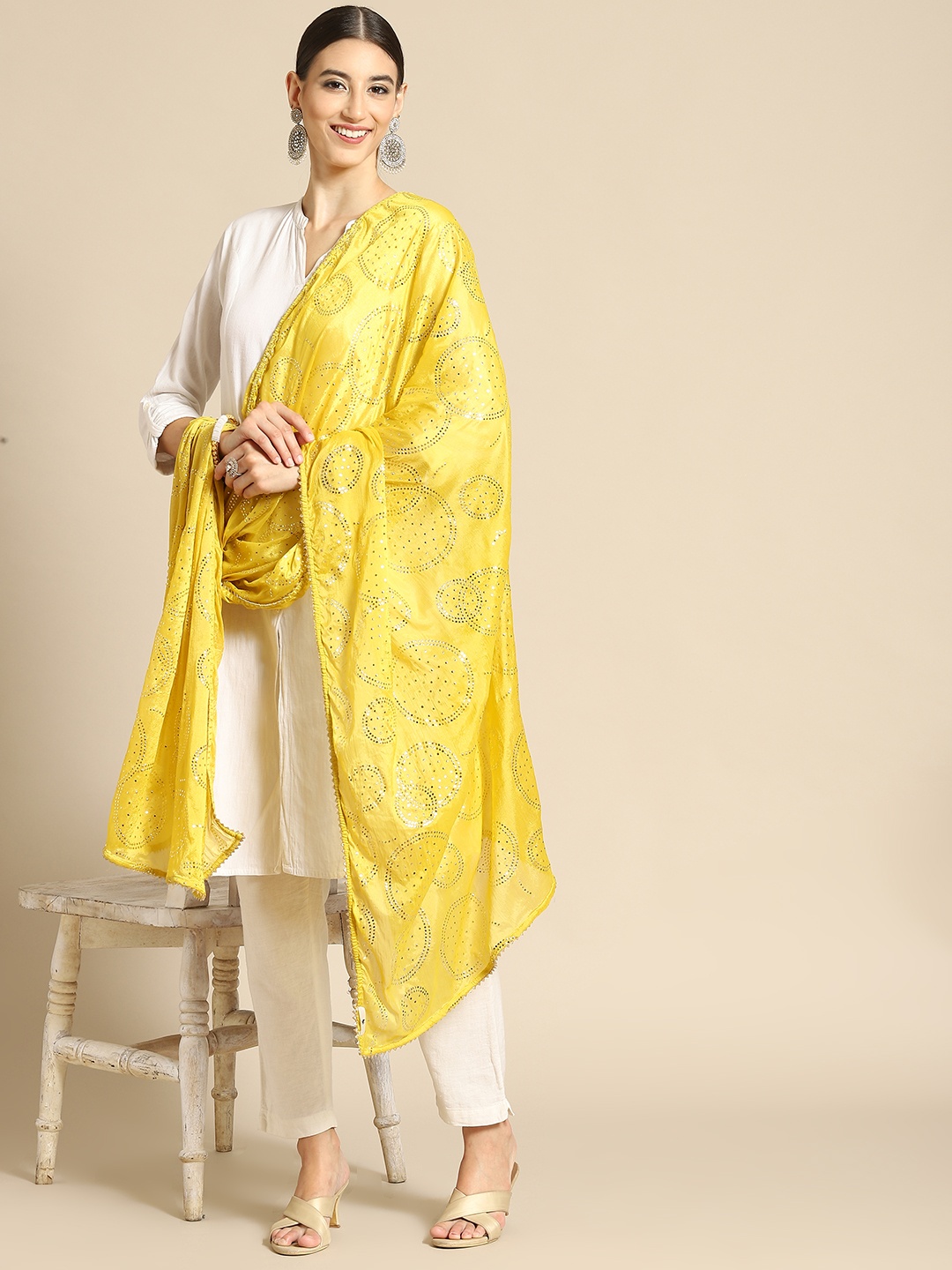 

Saadgi Mustard Yellow & Gold-Toned Ethnic Motifs Dyed Dupatta with Mukaish