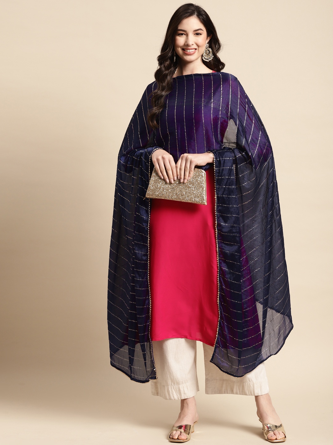 

Saadgi Navy Blue & Golden Striped Gotta Patti Dupatta with Mukaish