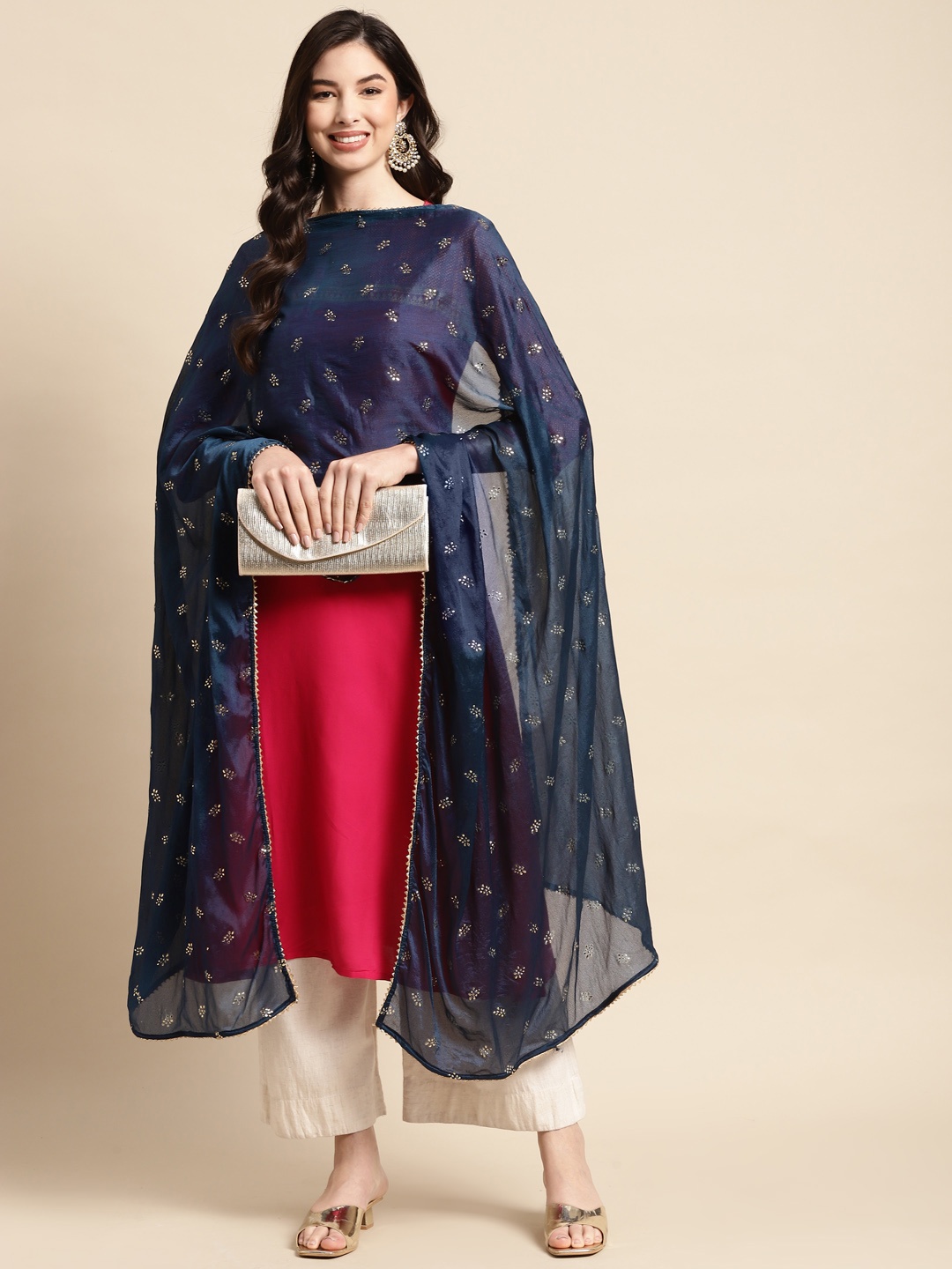

Saadgi Navy Blue & Golden Ethnic Motifs Gotta Patti Dupatta with Mukaish