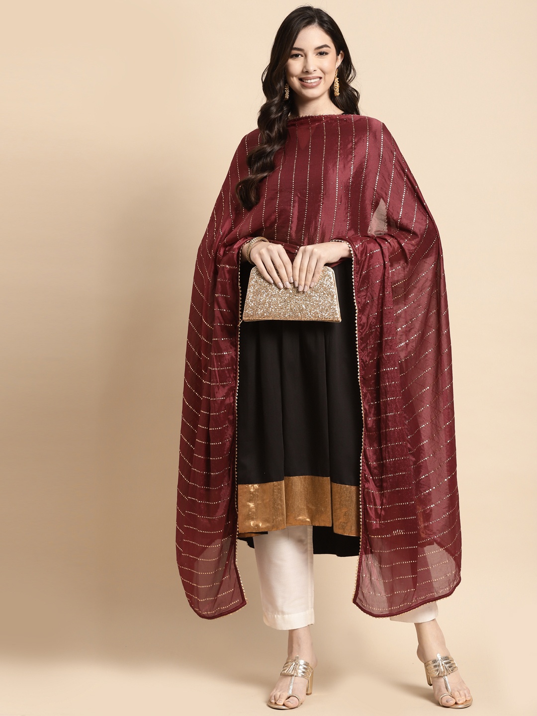 

Saadgi Maroon & Golden Printed Gotta Patti Dupatta with Mukaish