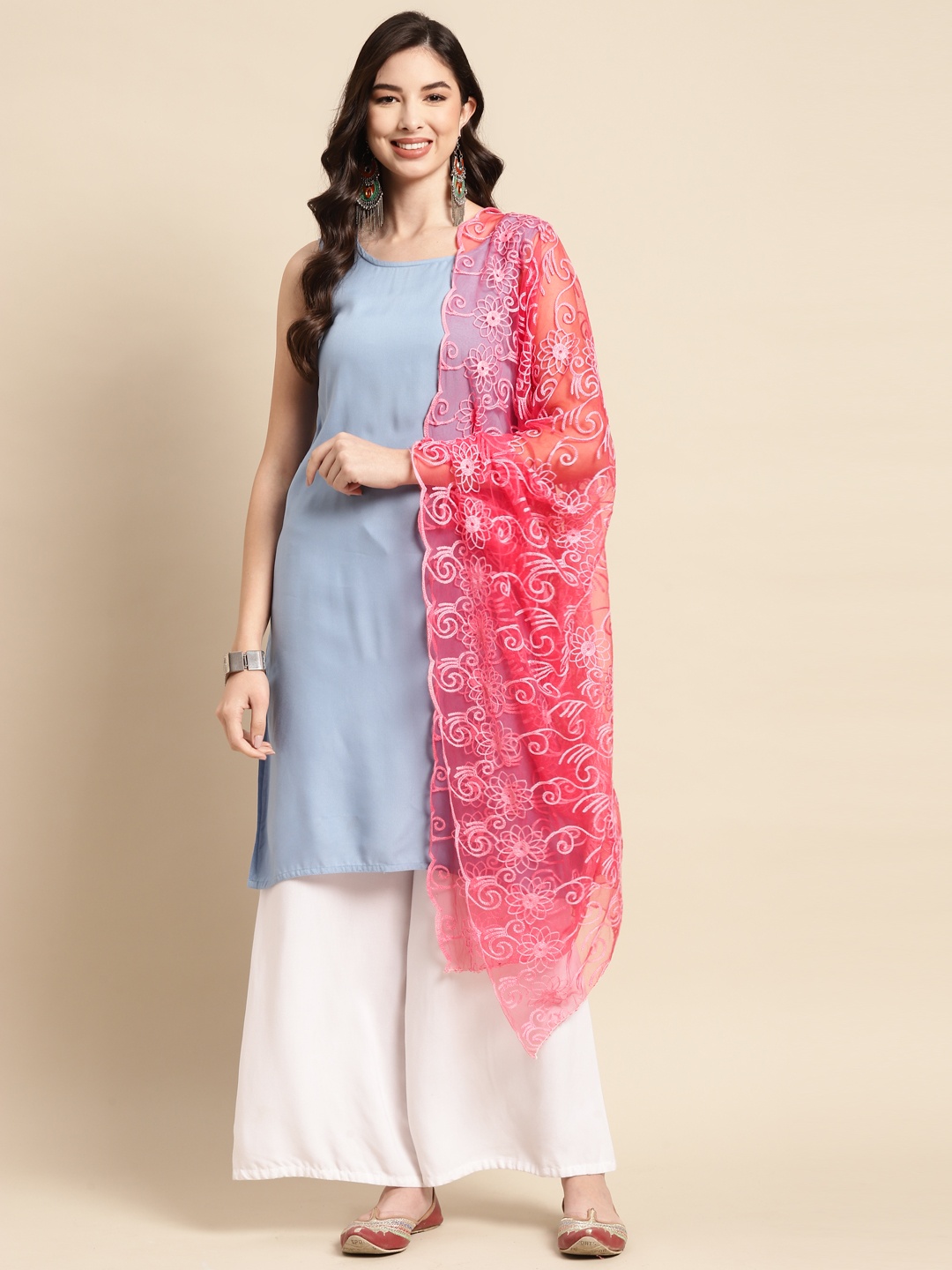 

Saadgi Coral Pink Ethnic Motifs Embroidered Dupatta with Chikankari