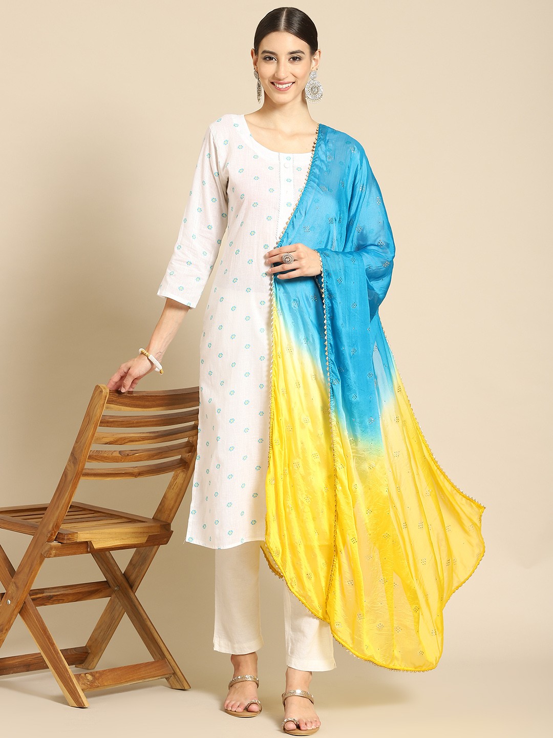 

Saadgi Yellow & Blue Mukaish Hand Work Gotta Patti Dupatta