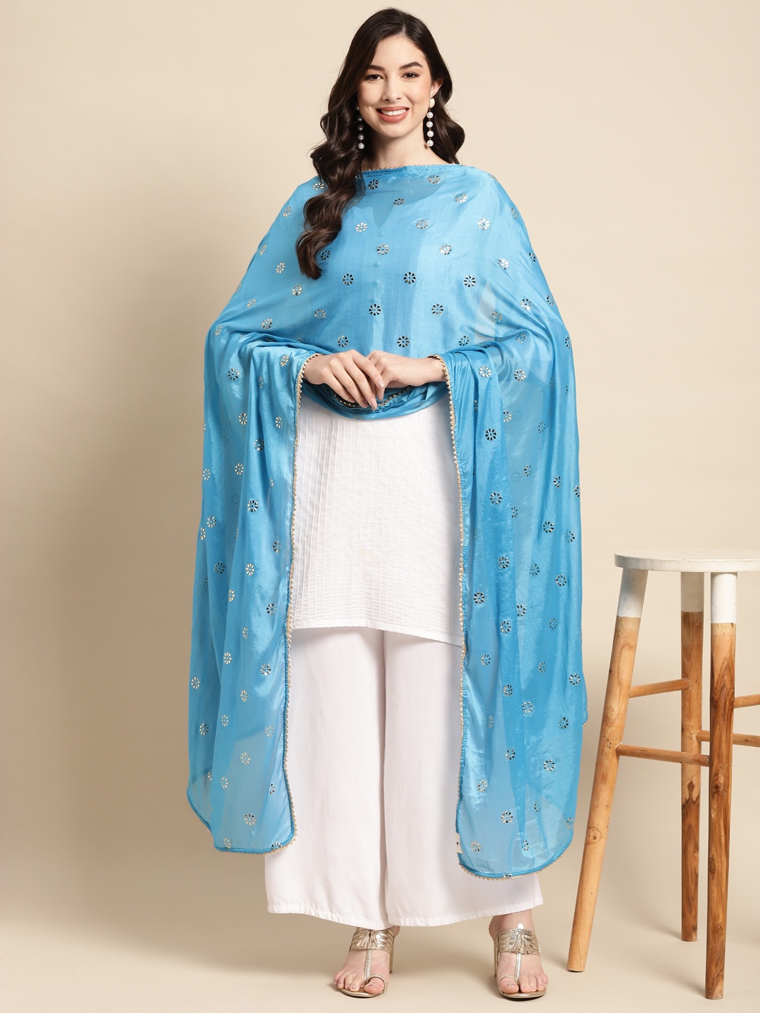 

Saadgi Turquoise Blue & Golden Ethnic Motifs Gotta Patti Dupatta with Mukaish