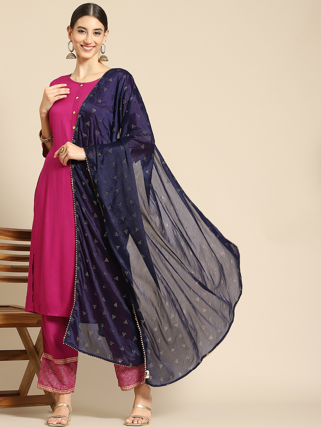 

Saadgi Navy Blue & Gold-Toned Ethnic Motifs Embroidered Dupatta with Mukaish