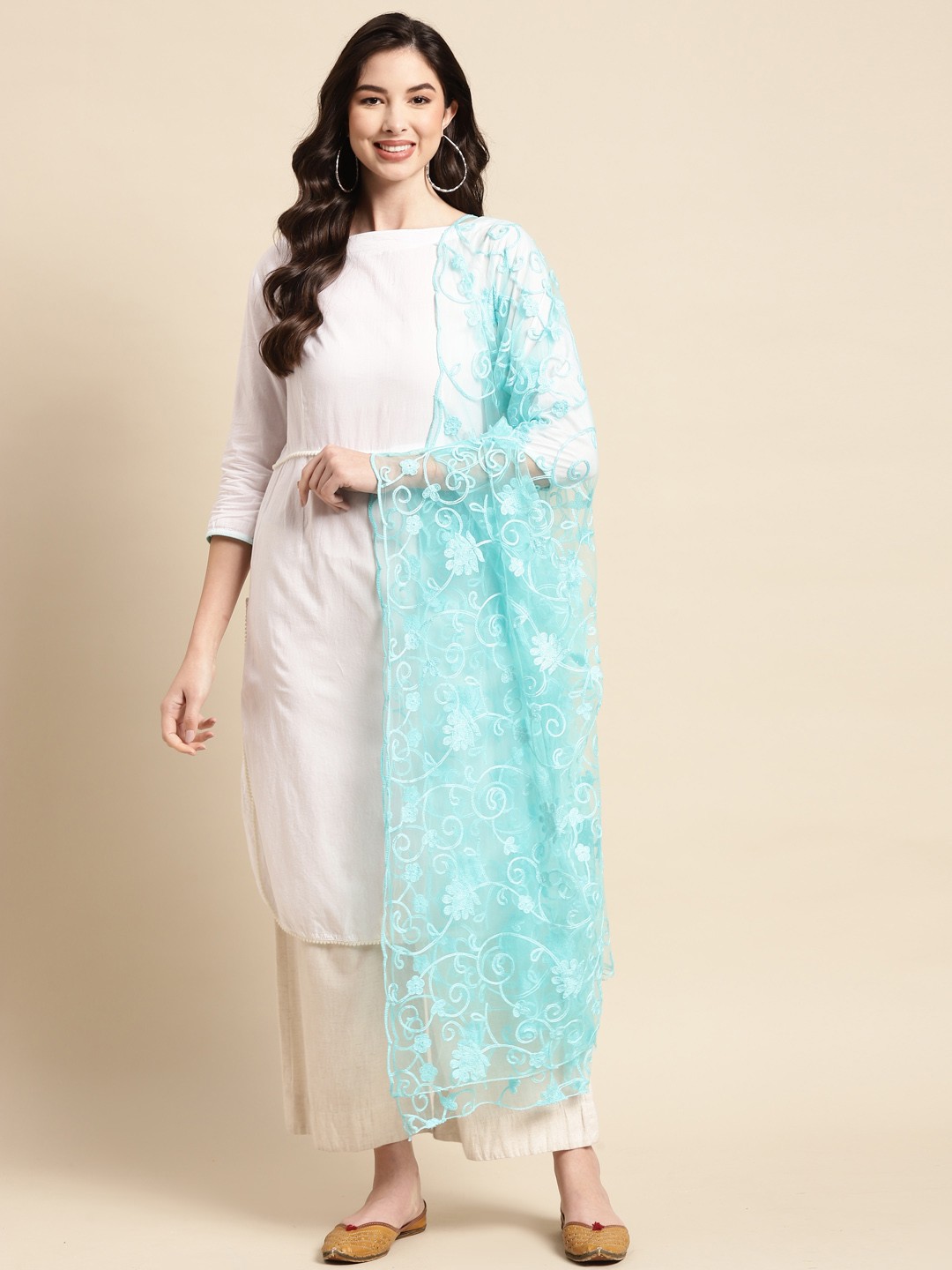 

Saadgi Sea Green Ethnic Motifs Embroidered Dupatta with Chikankari