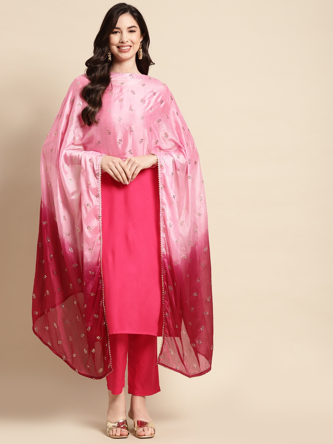 

Saadgi Pink & Golden Mukaish Handwork Gotta Patti Dupatta