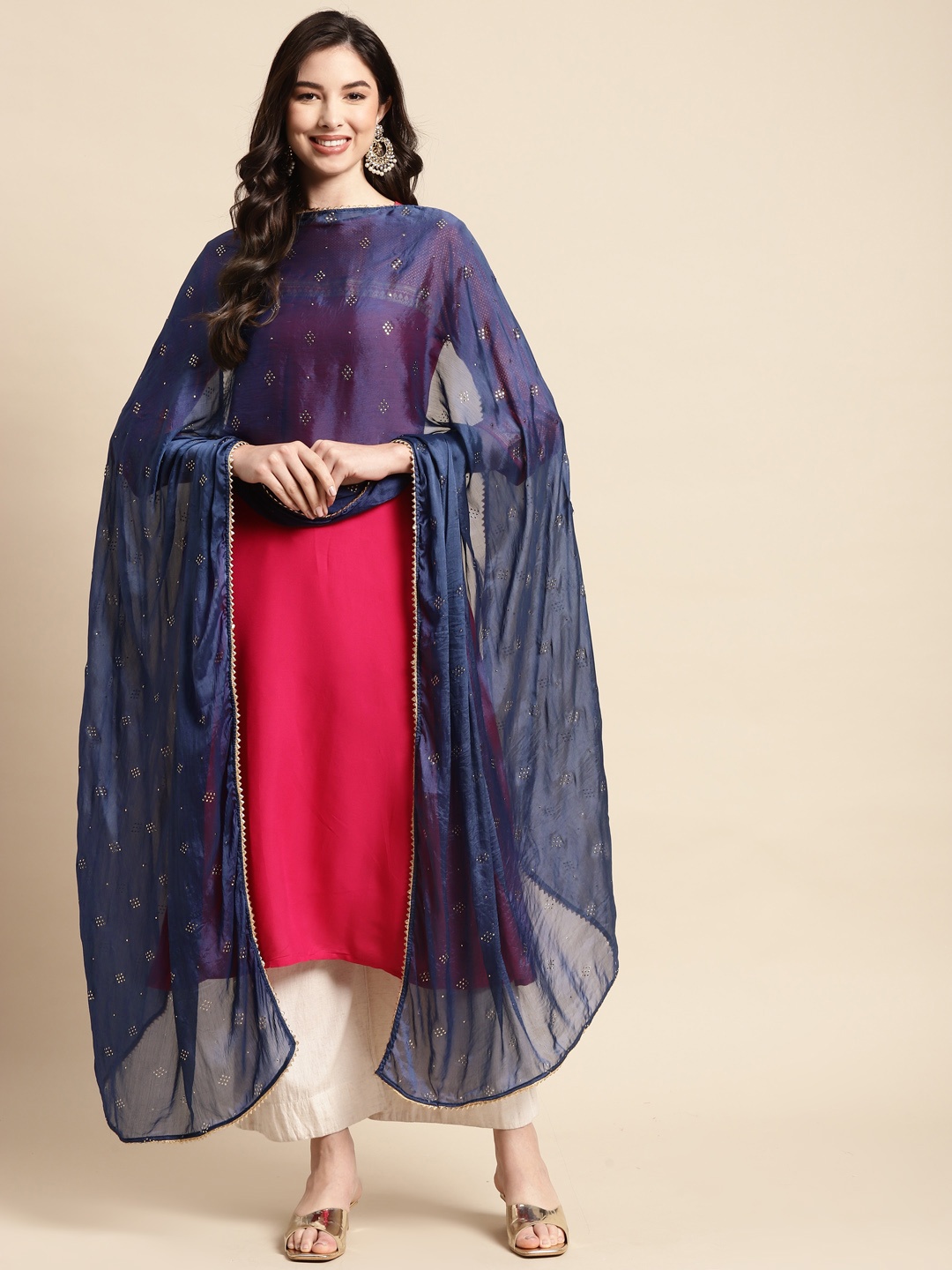 

Saadgi Navy Blue & Golden Mukaish Handwork Dupatta With Gotta Patti