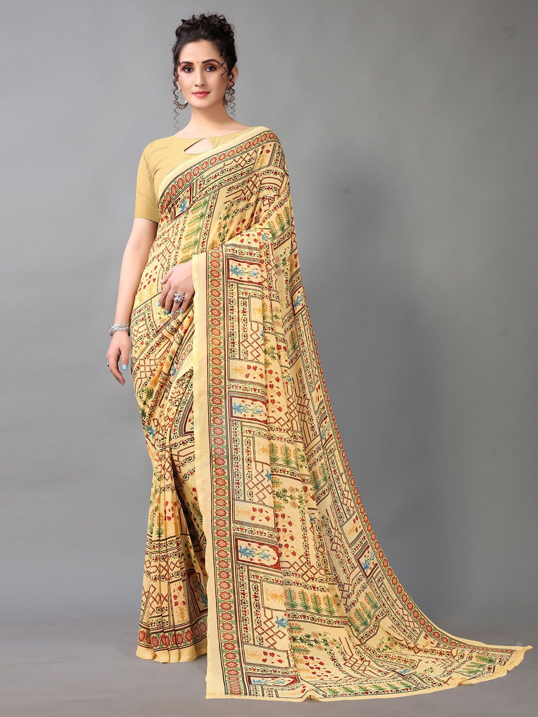 

HRITIKA Beige & Red Floral Saree