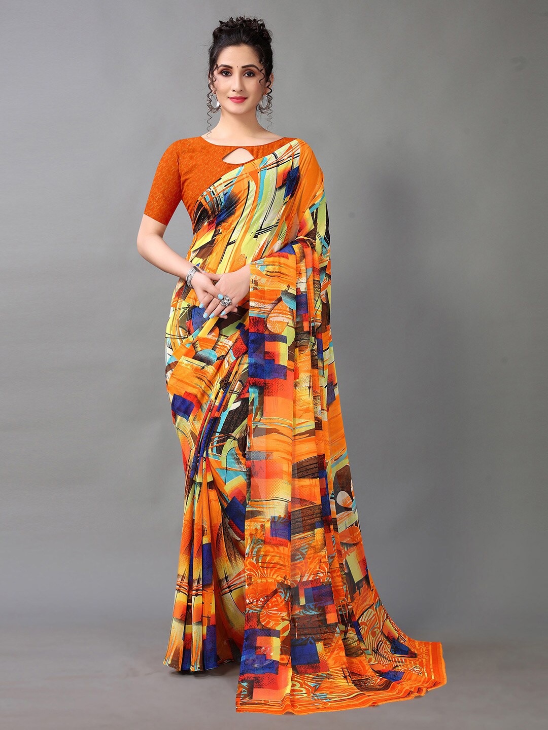 

HRITIKA Orange & Blue Abstract Printed Saree
