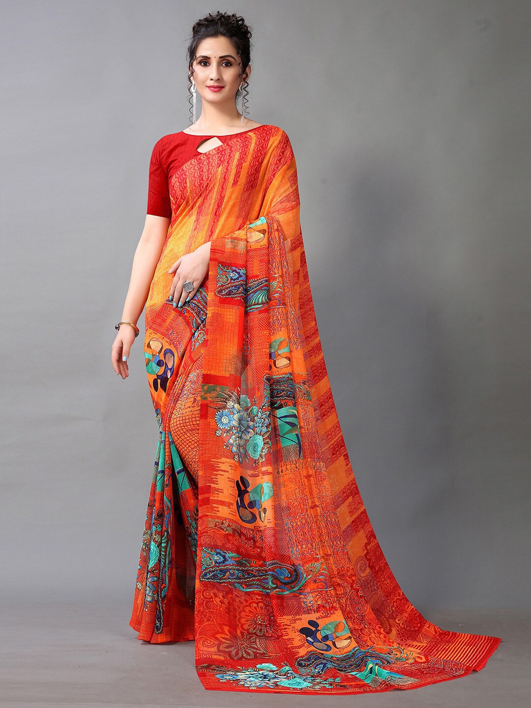 

HRITIKA Orange & Blue Floral Printed Poly Georgette Saree