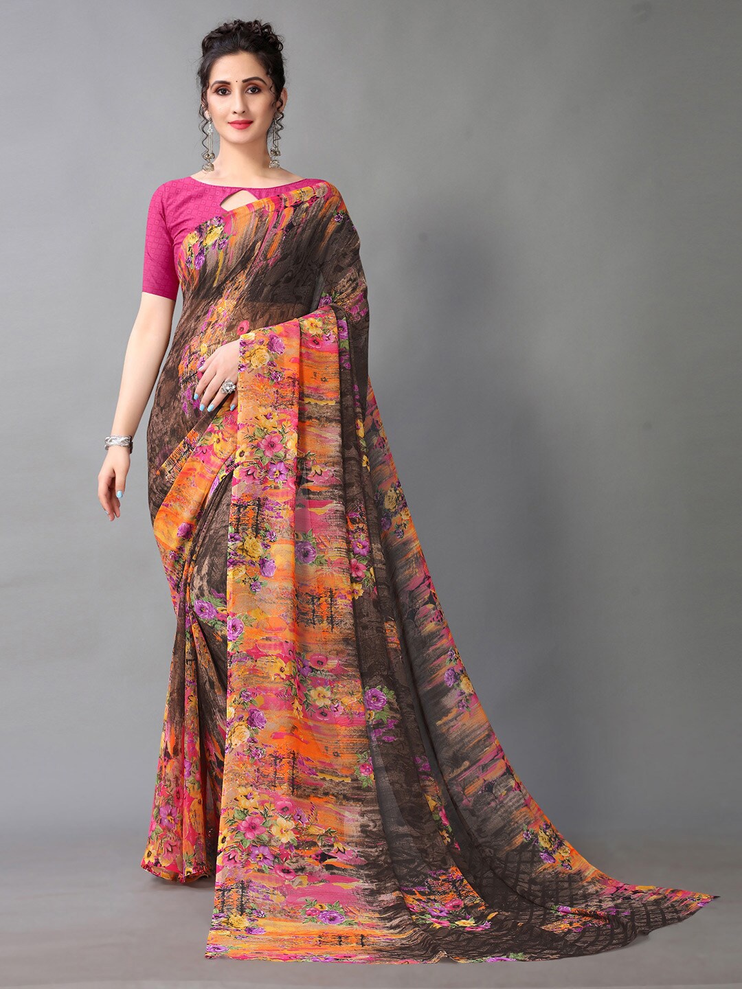 

HRITIKA Orange & Grey Floral Printed Saree