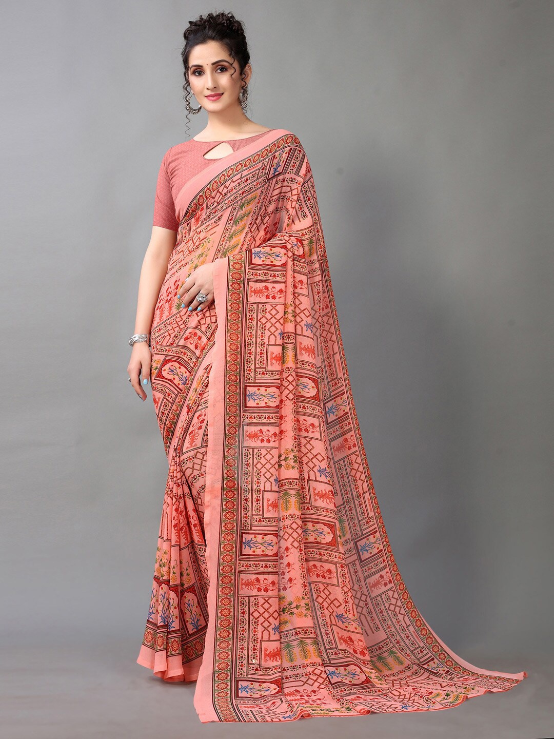

HRITIKA Pink & Blue Ethnic Motifs Printed Saree