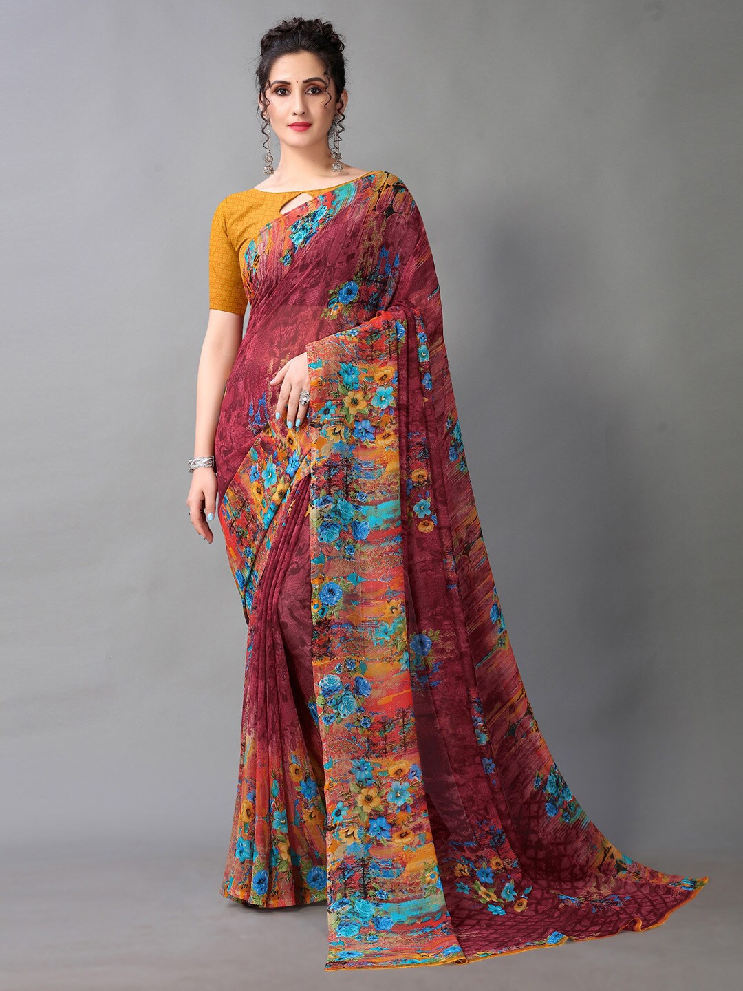 

HRITIKA Blue & Maroon Floral Printed Saree