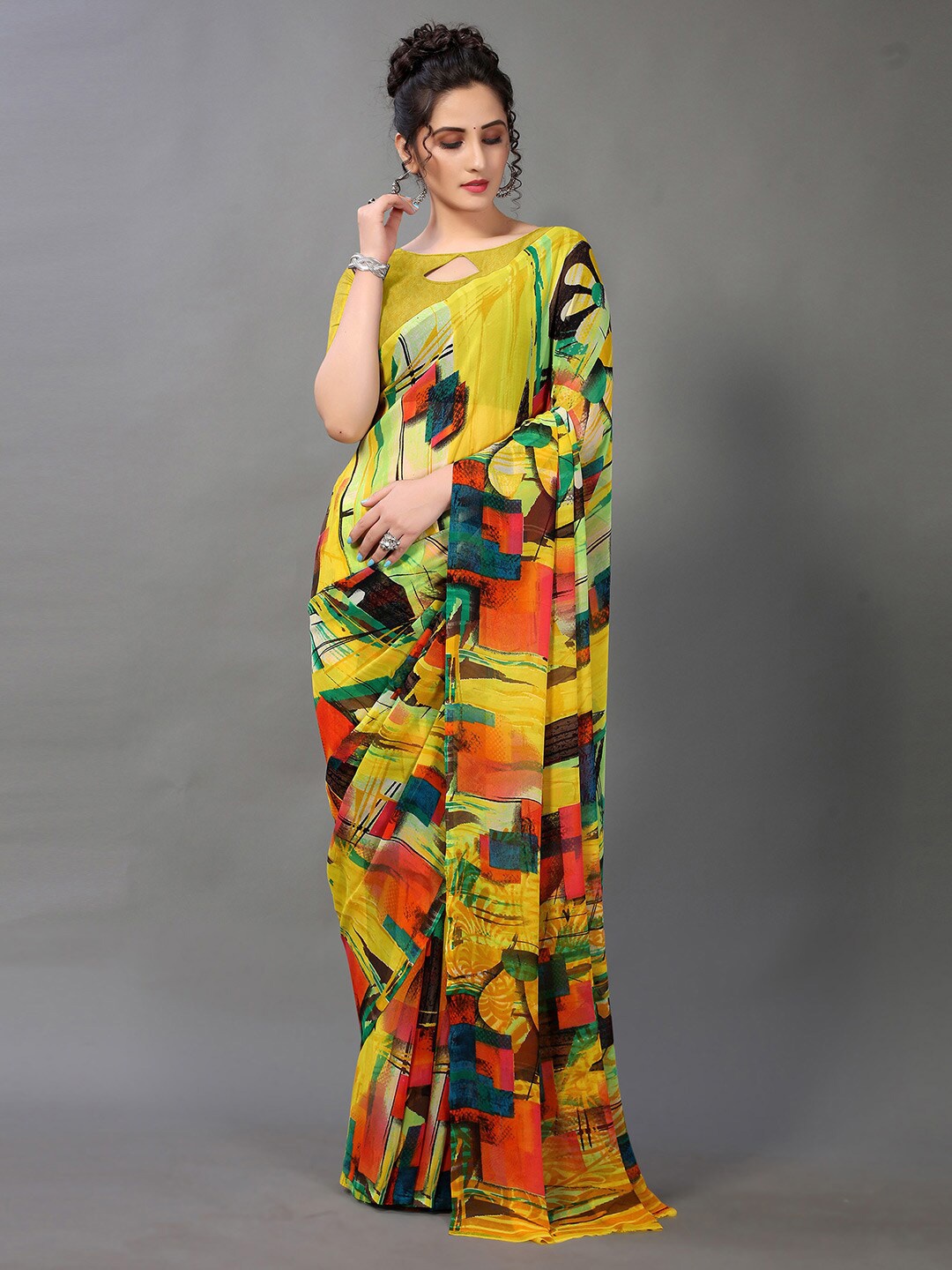 

HRITIKA Yellow & Orange Georgette Saree