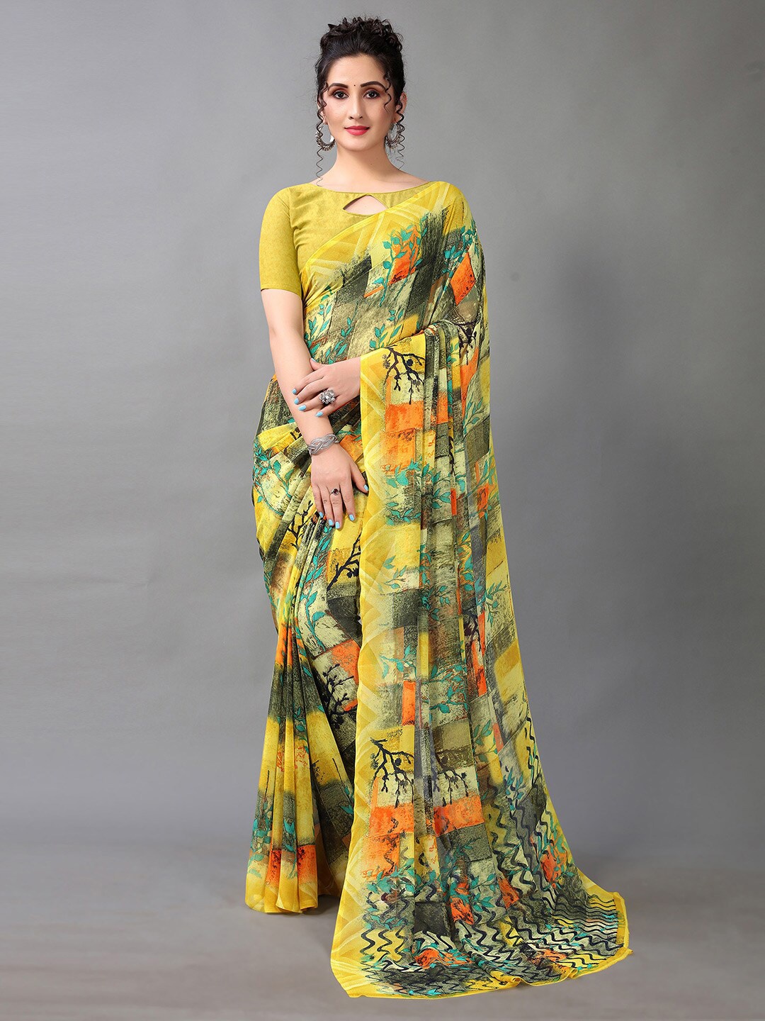 

HRITIKA Yellow & Orange Ethnic Motifs Printed Georgette Saree