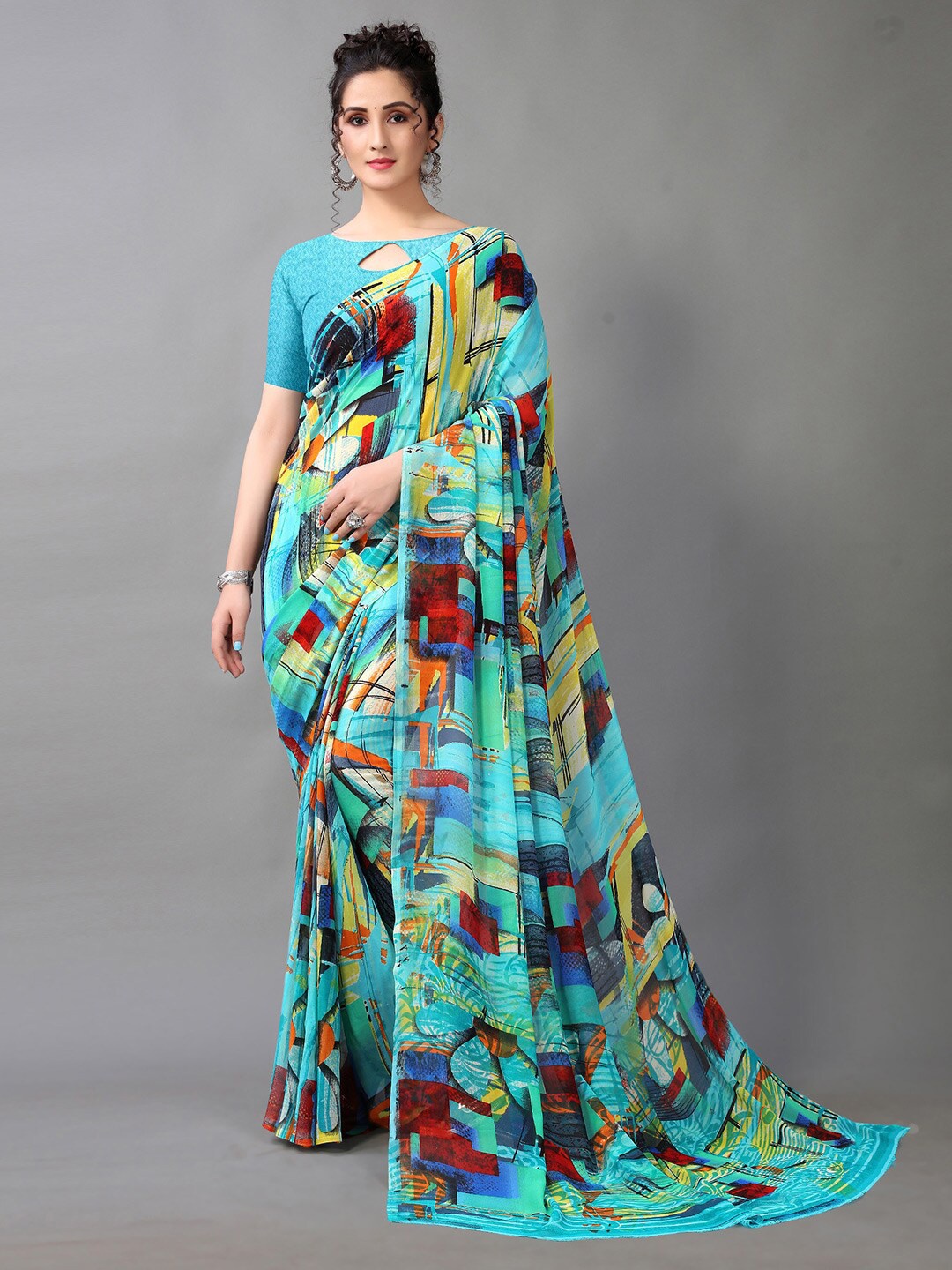 

HRITIKA Sea Green & Red Printed Saree