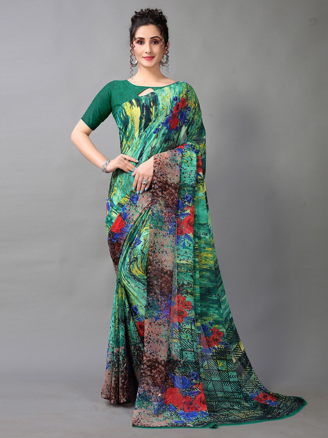 

HRITIKA Green & Red Printed Saree