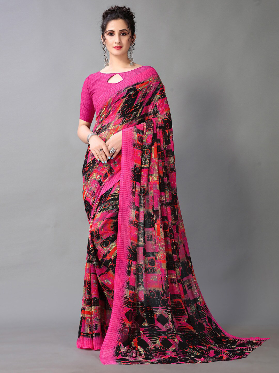 

HRITIKA Pink & Black Georgette Abstract Saree