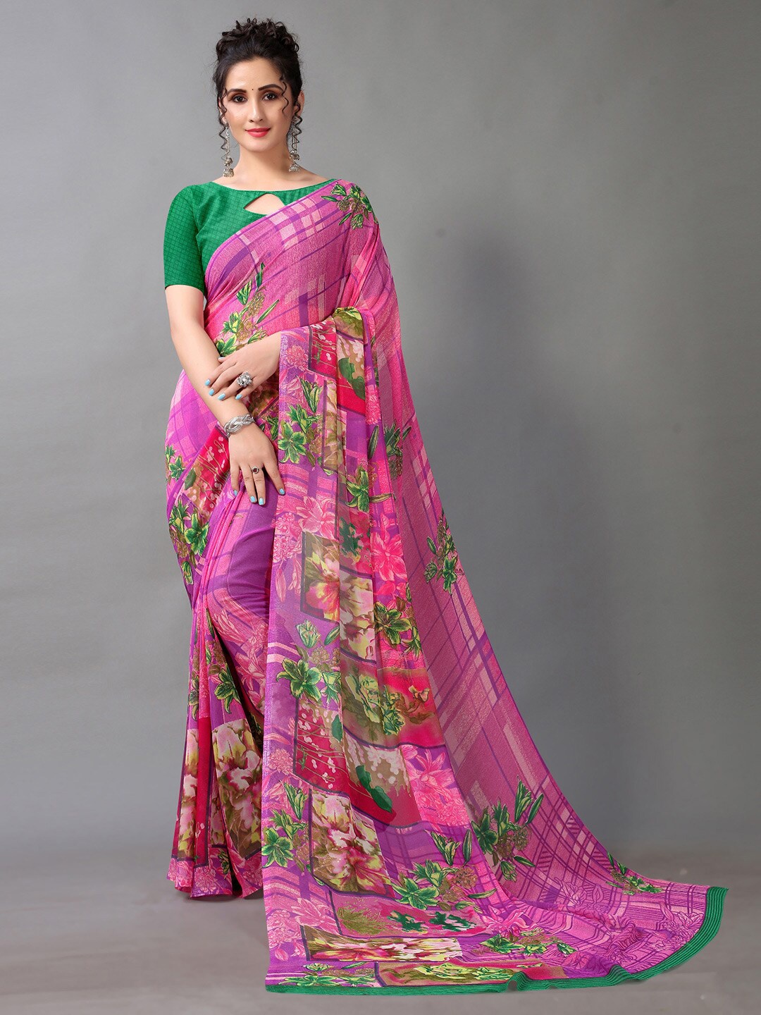 

HRITIKA Pink & Green Floral Print Georgette Saree