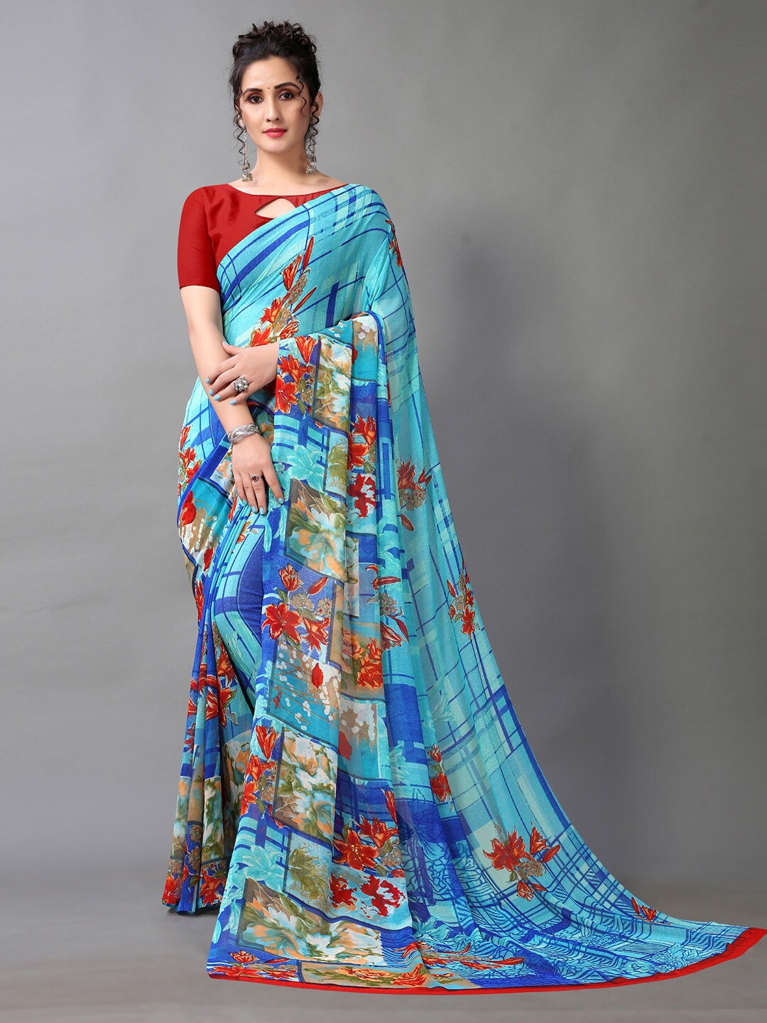 

HRITIKA Blue & Orange Floral Printed Georgette Saree