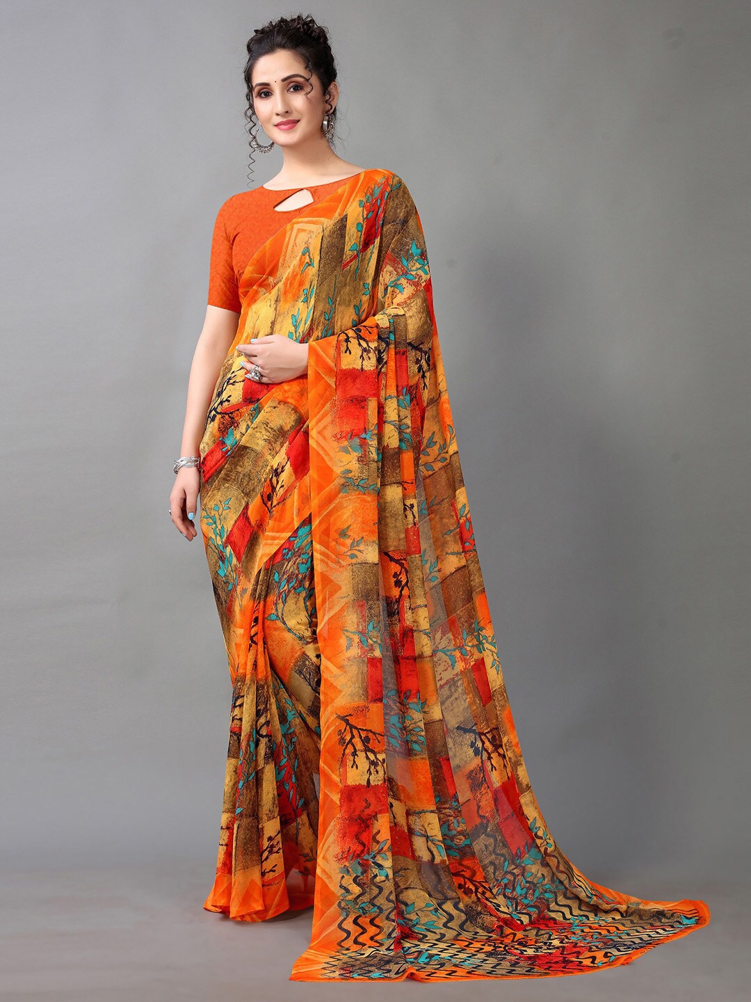 

HRITIKA Orange & Brown Floral Saree