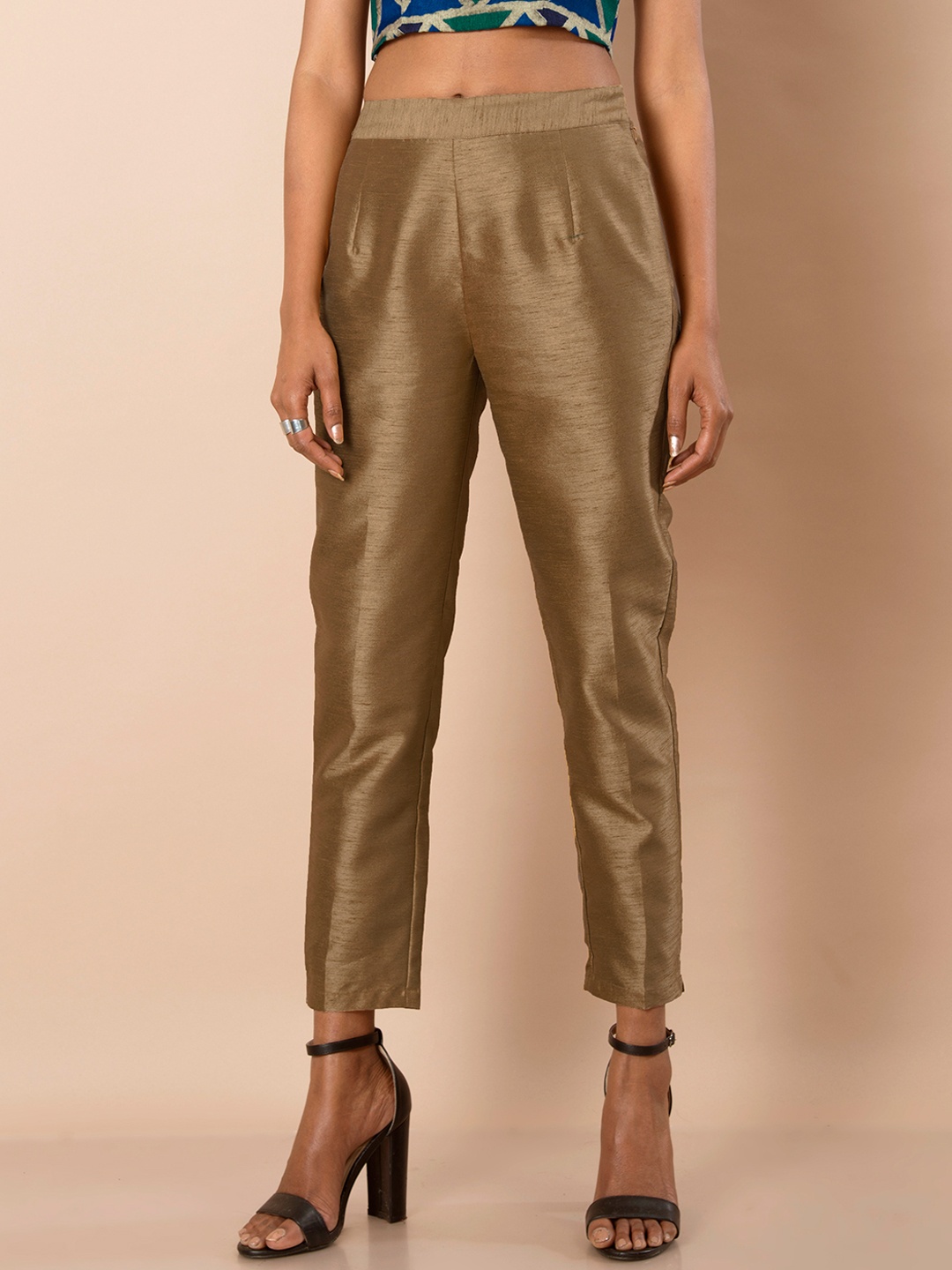 

INDYA Gold-Toned Silk Cigarette Trousers