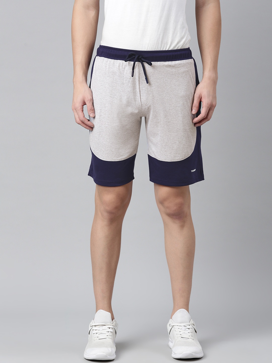 

TOM BURG Men Grey Melange & Navy Blue Colourblocked Premium Cotton Slim Fit Sports Shorts