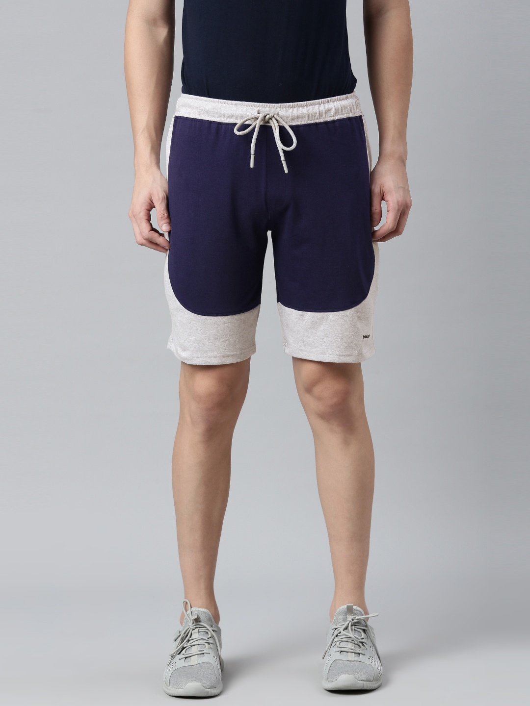 

TOM BURG Men Navy Blue & Grey Melange Colourblocked Premium Cotton Slim Fit Sports Shorts