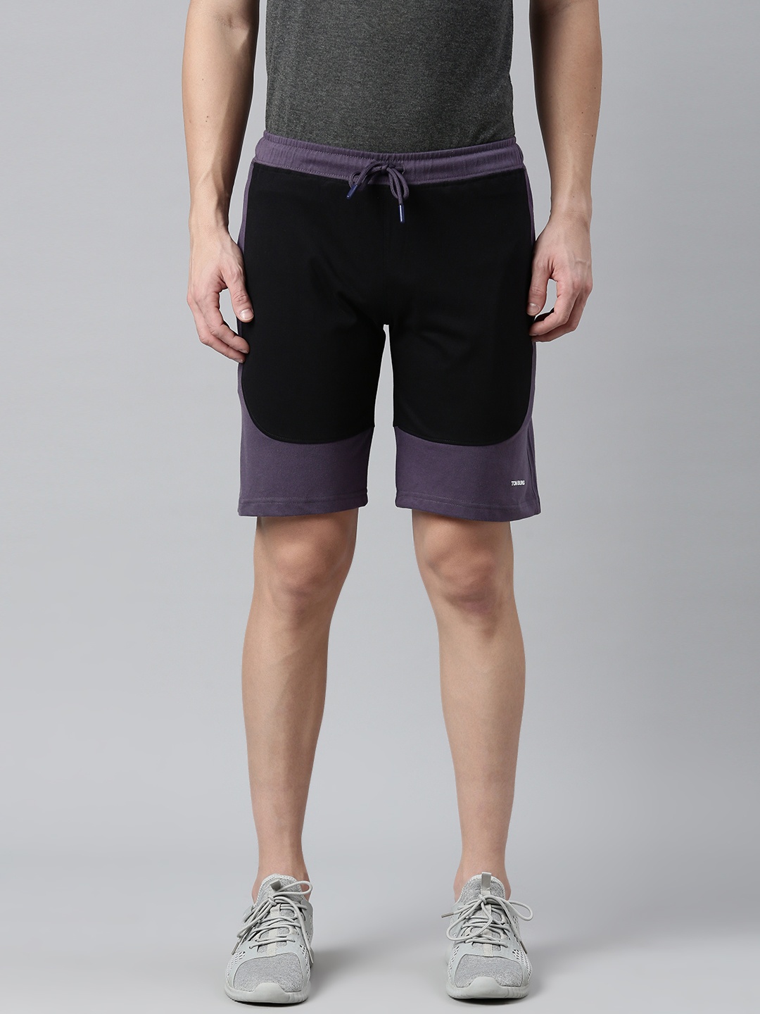 

TOM BURG Men Black & Charcoal Grey Colourblocked Premium Cotton Slim Fit Sports Shorts