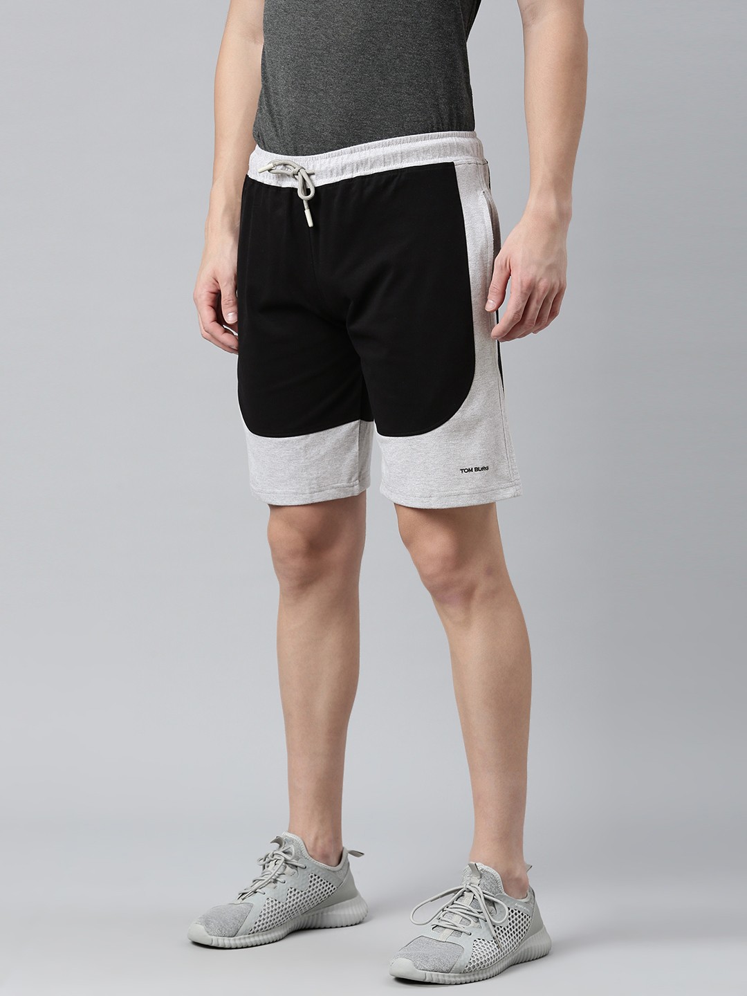 

TOM BURG Men Black & Grey Melange Colourblocked Premium Cotton Slim Fit Sports Shorts