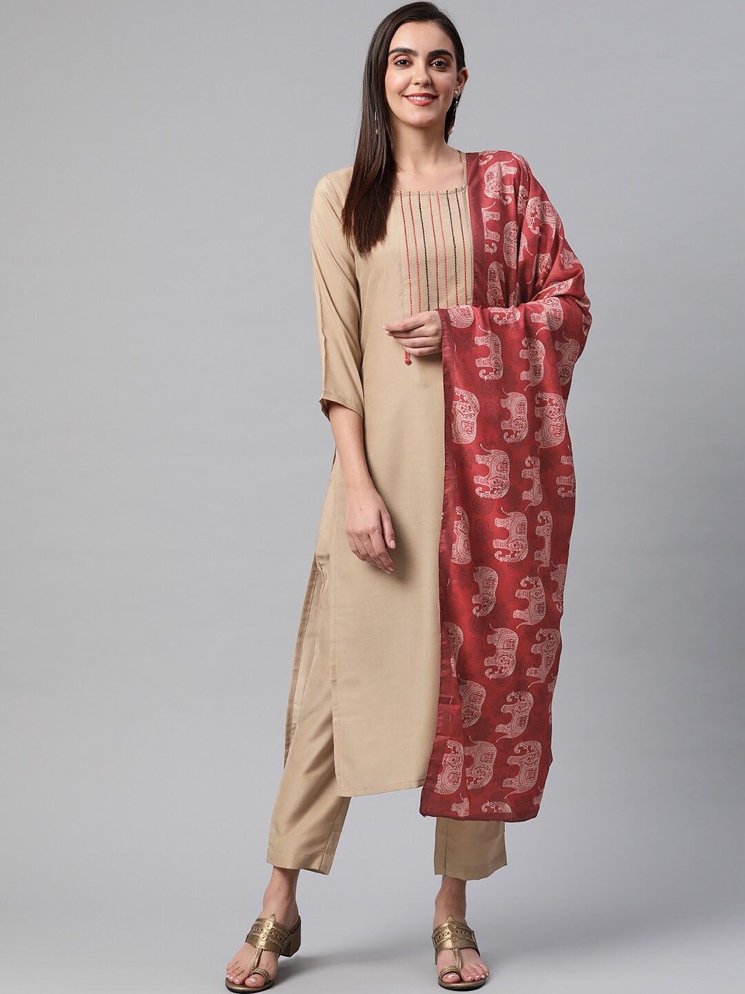 

Minora Women Beige Embroidered Layered Kurta with Trousers & With Dupatta