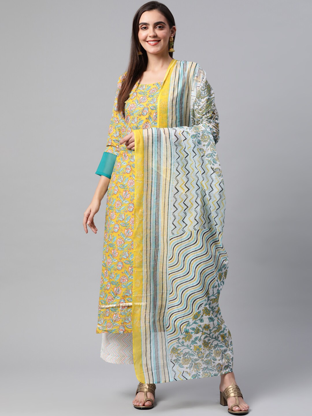 

Minora Women Mustard Yellow Ethnic Motifs Striped Empire Pure Cotton Kurta with Palazzos & With Dupatta