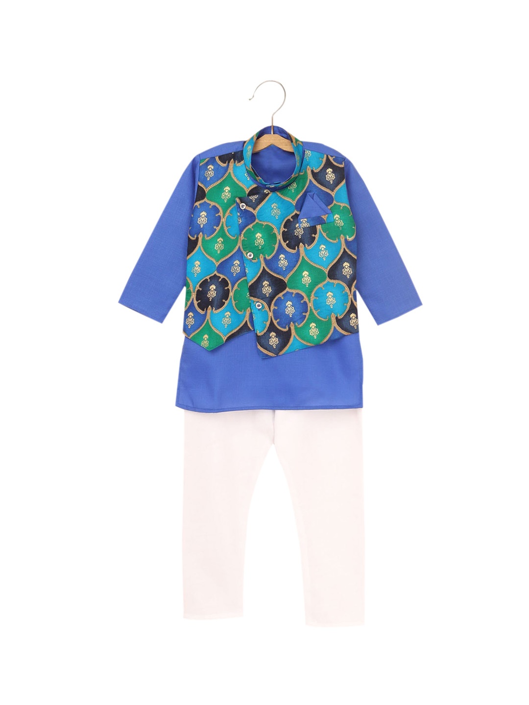 

Hopscotch Boys Blue Striped Angrakha Kurta with Pyjamas