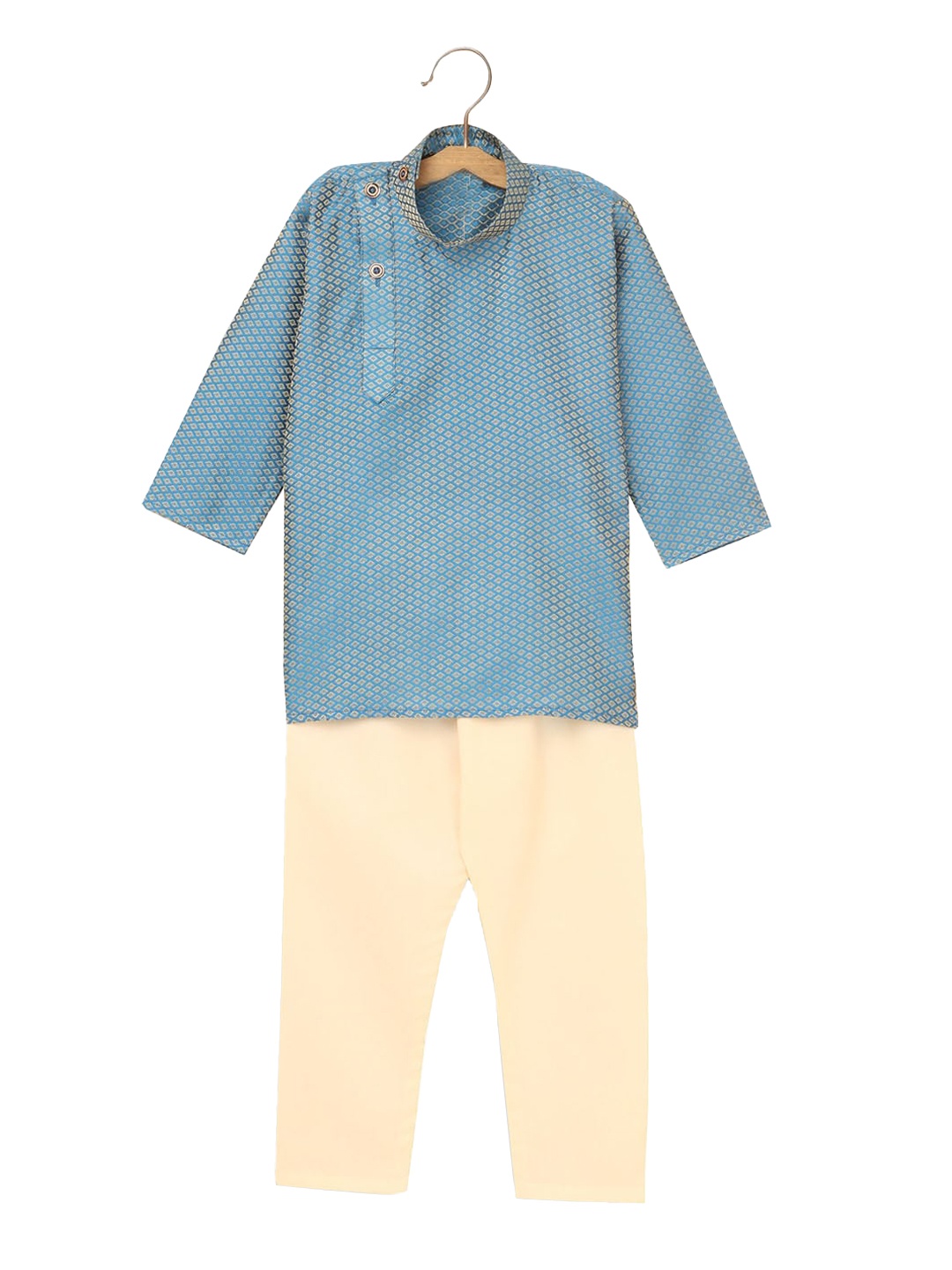 

Hopscotch Boys Blue Floral Striped Pleated Kurti with Pyjamas