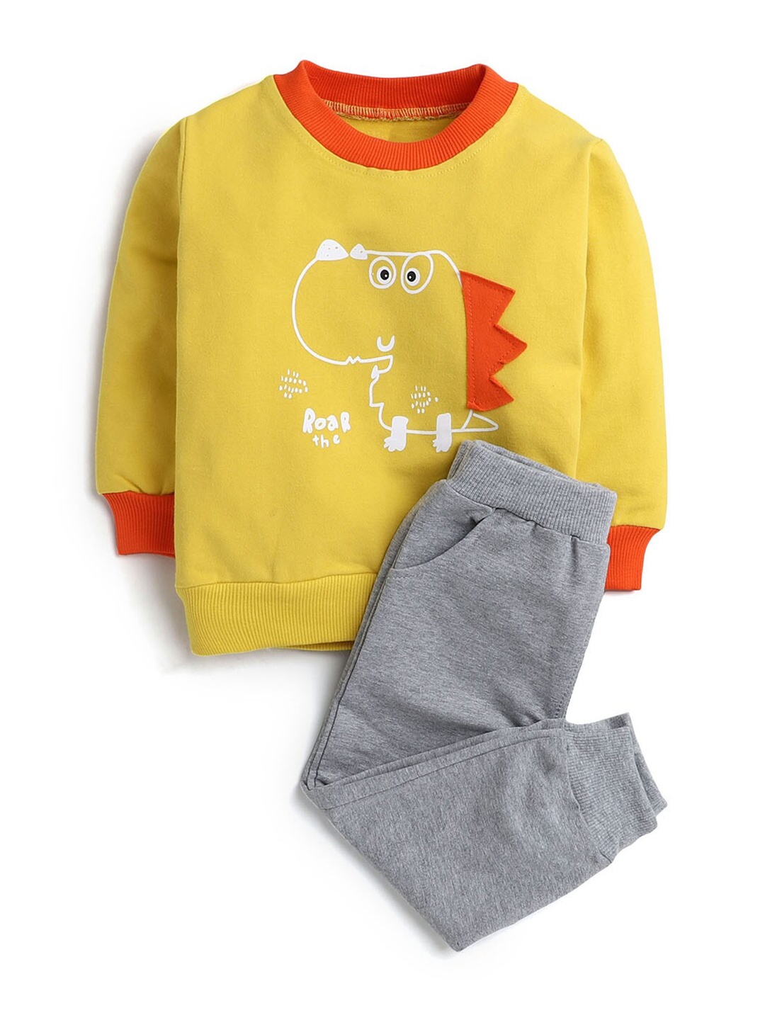 

Hopscotch Boys Yellow & Grey Printed T-shirt With Trousers & Beanie